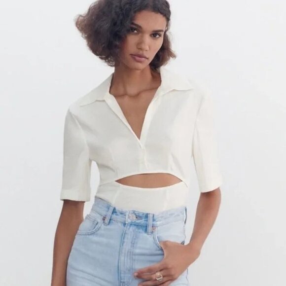Zara Tops - Zara White Elastic Linen Cut out Bodysuit Collard V Neck Short Sleeve Size S